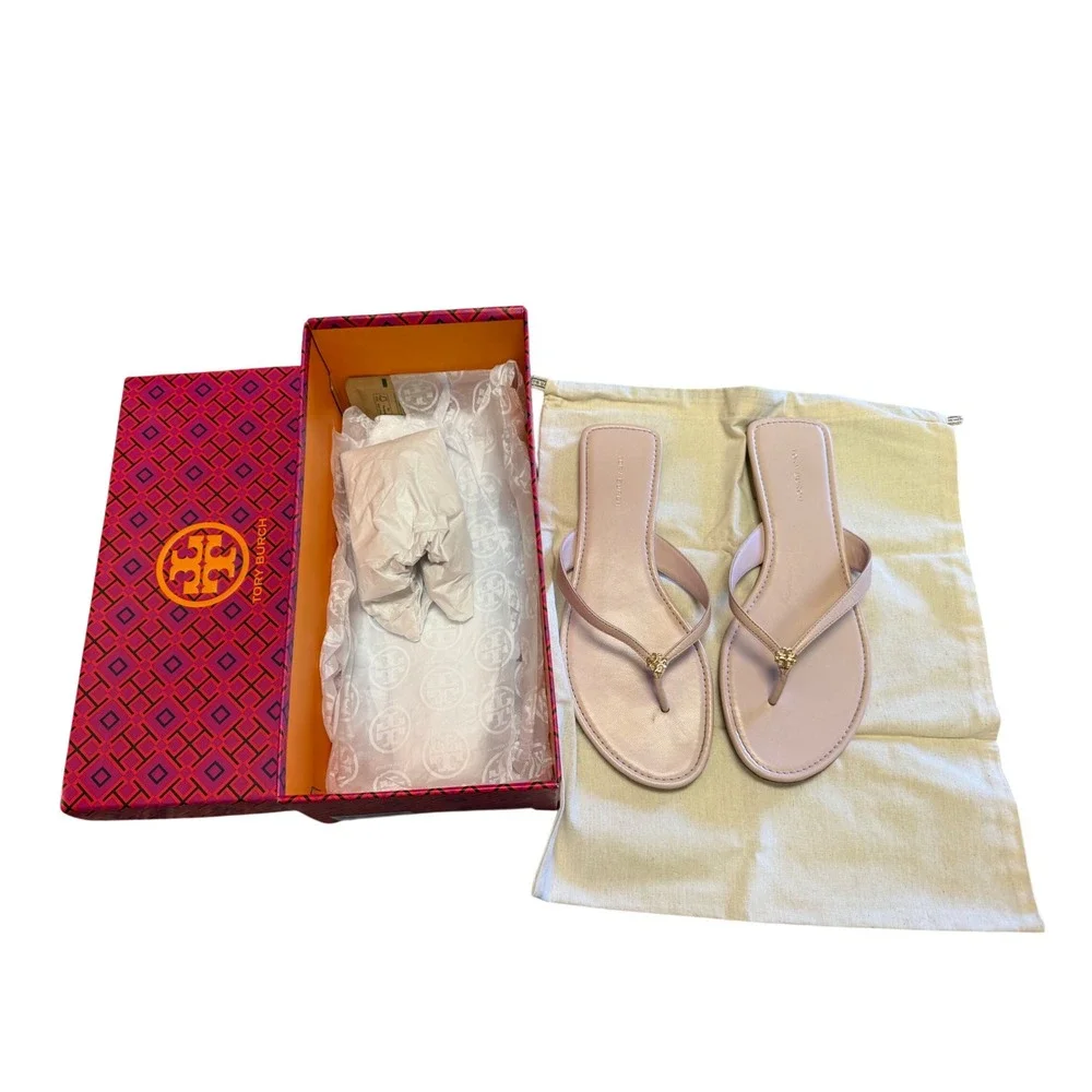 Tory Burch Classic Flip Flop Shell Pink Goat Leather Sandals 155182 Size 8.5